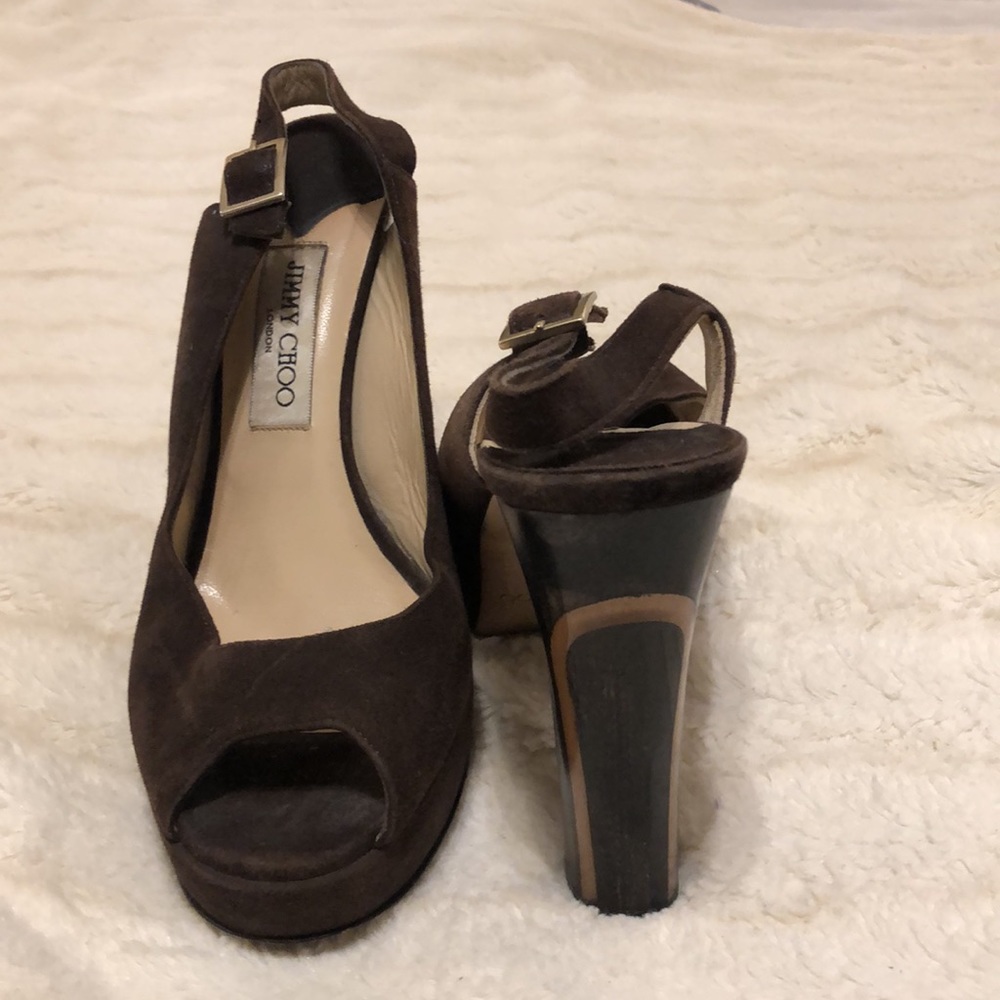Dark brown authentic suede jimmy choo peep toe heel